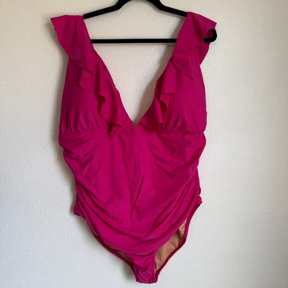 NWT J. Crew Ruched Ruffle One-piece Swimsuit in Fuchia Pink BP222 Plus Size 22 - Picture 2 of 8